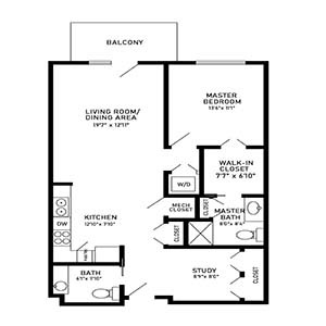 residential living 1 bed 1 bath town center B - floor plan holmstad