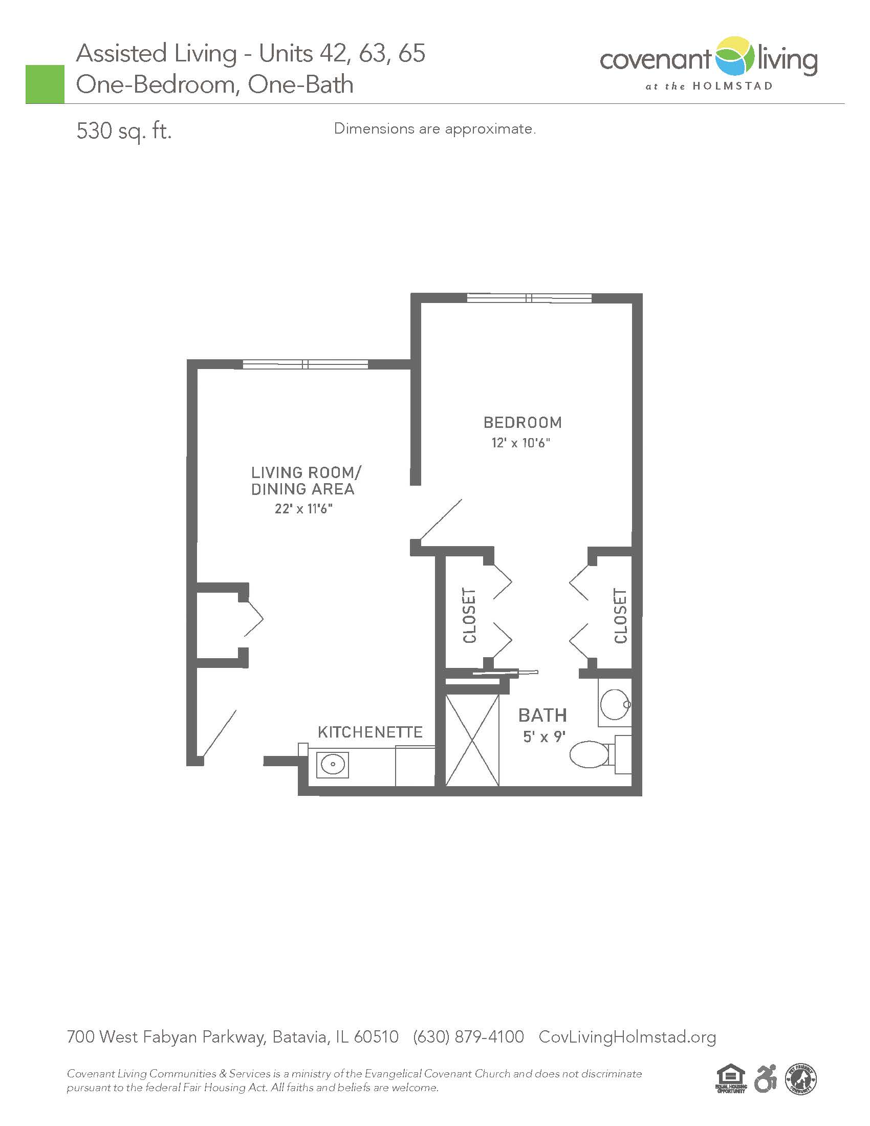 assisted living one bed one bath units 42, 63, 65 floor plan - Holmstad